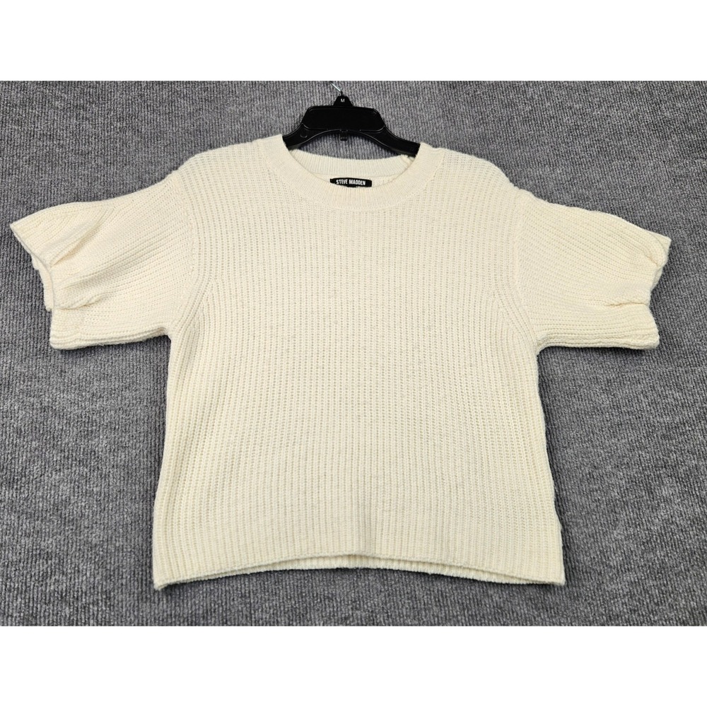 Steve Madden Womens Cream Ribbed Knit Puff Short Sleeve Sweater Small